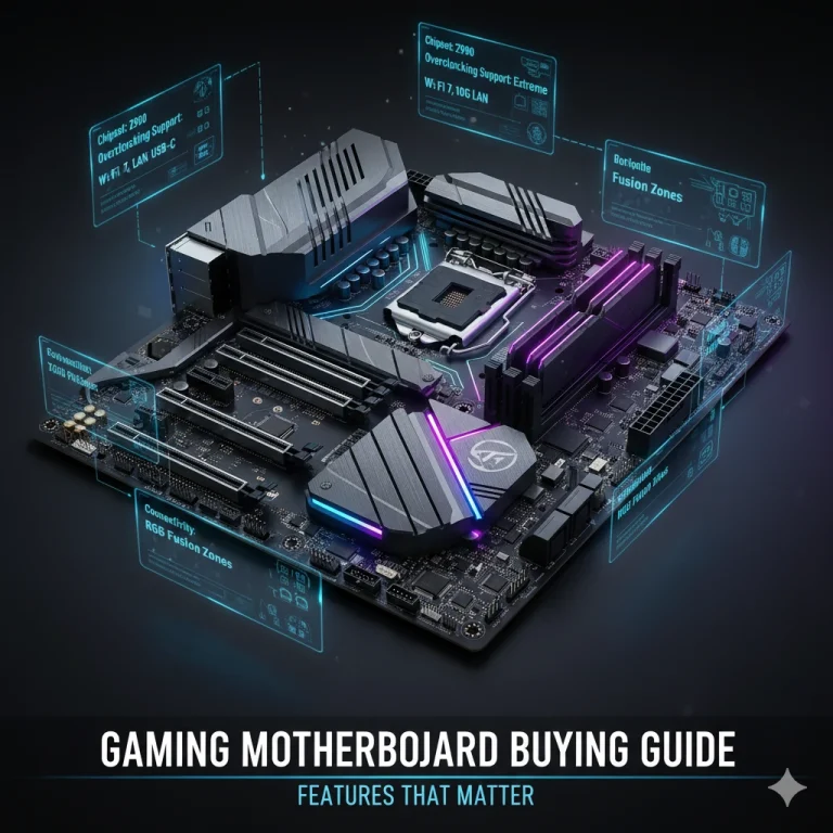 Futuristic gaming motherboard with RGB lighting and digital overlays highlighting chipset, connectivity, and features.
