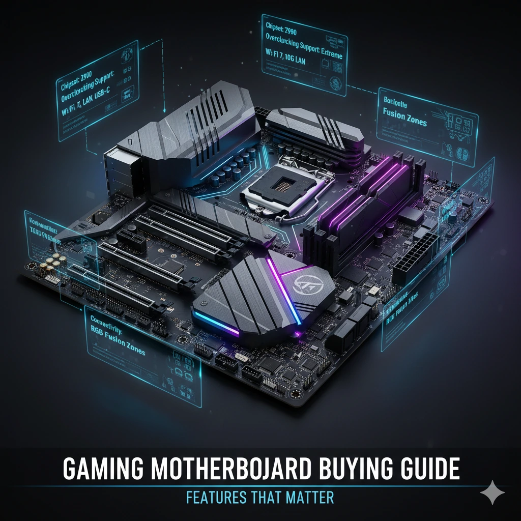 Futuristic gaming motherboard with RGB lighting and digital overlays highlighting chipset, connectivity, and features.