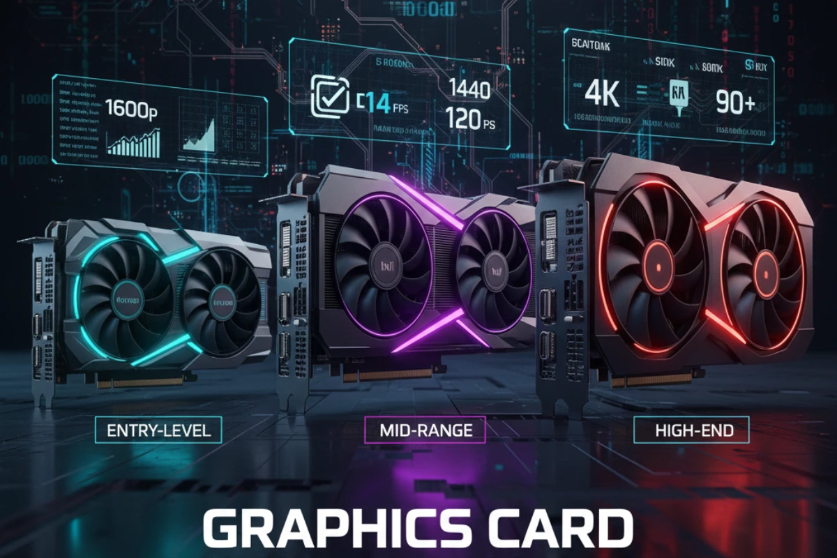 Three gaming graphics cards labeled Entry-Level, Mid-Range, and High-End, with futuristic performance overlays.