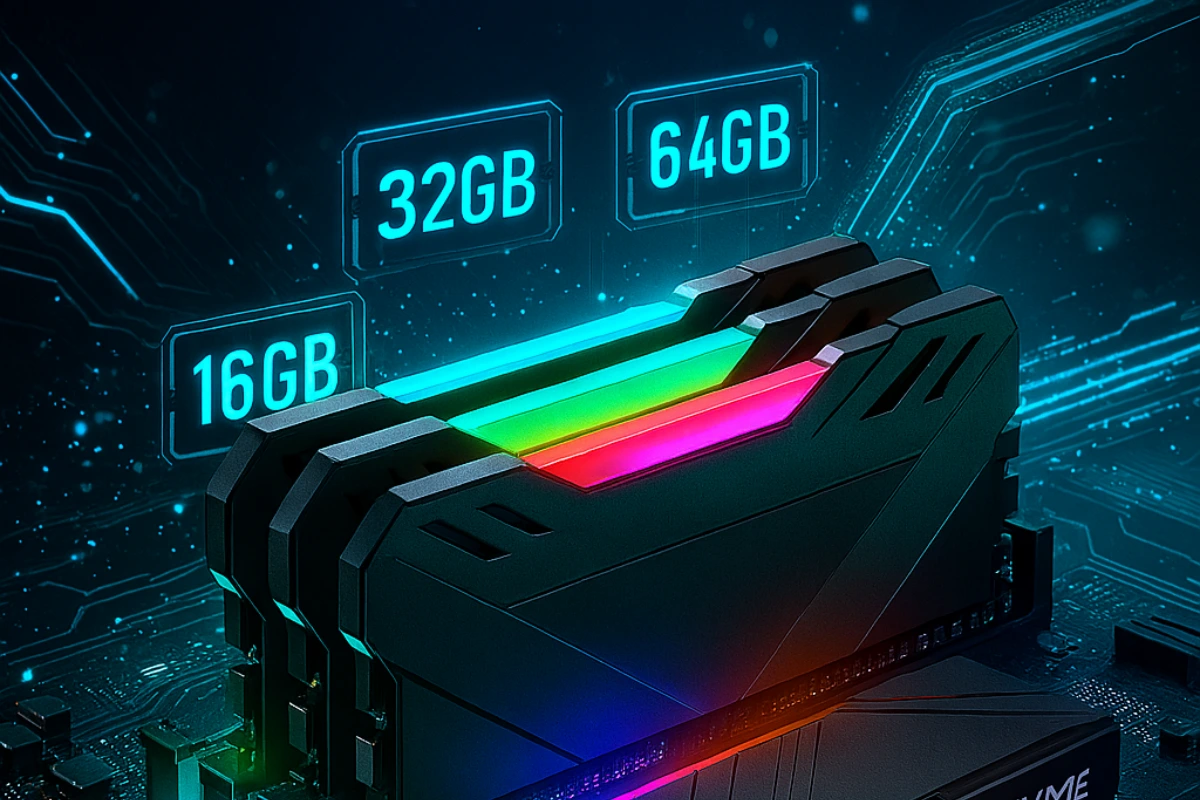 RGB DDR5 RAM modules installed on a motherboard, with digital labels showing 16GB, 32GB, and 64GB capacities.