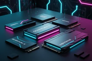Futuristic SSDs with illuminated accents on a dark surface, featuring QUANTUM-X and NIGHTWING branding