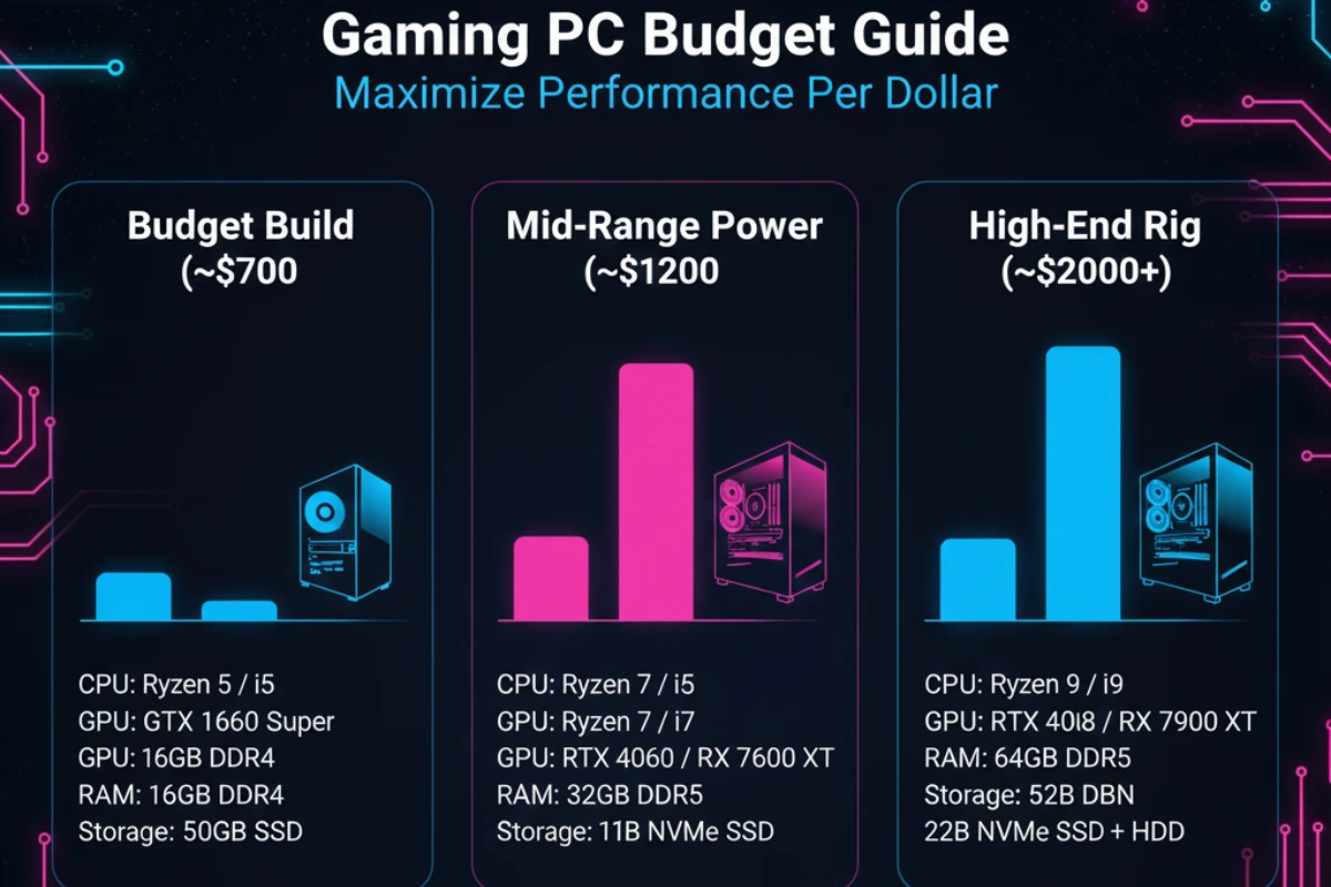Gaming PC budget guide with performance tiers and hardware specs
