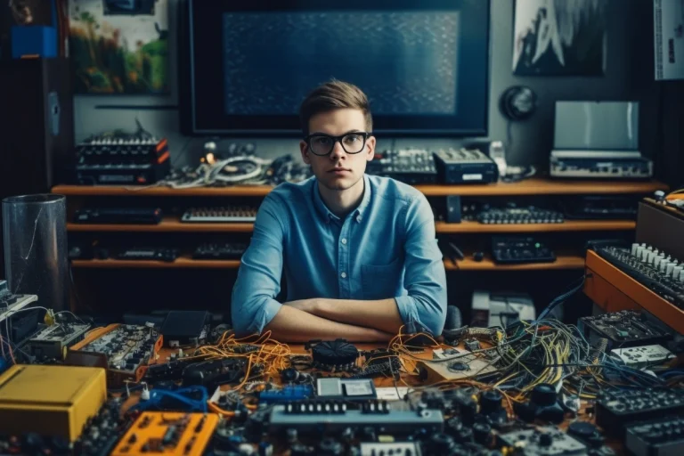 Engineer at electronics workstation surrounded by circuit boards and audio equipment