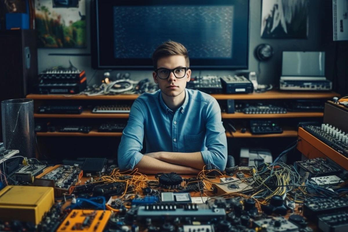 Engineer at electronics workstation surrounded by circuit boards and audio equipment