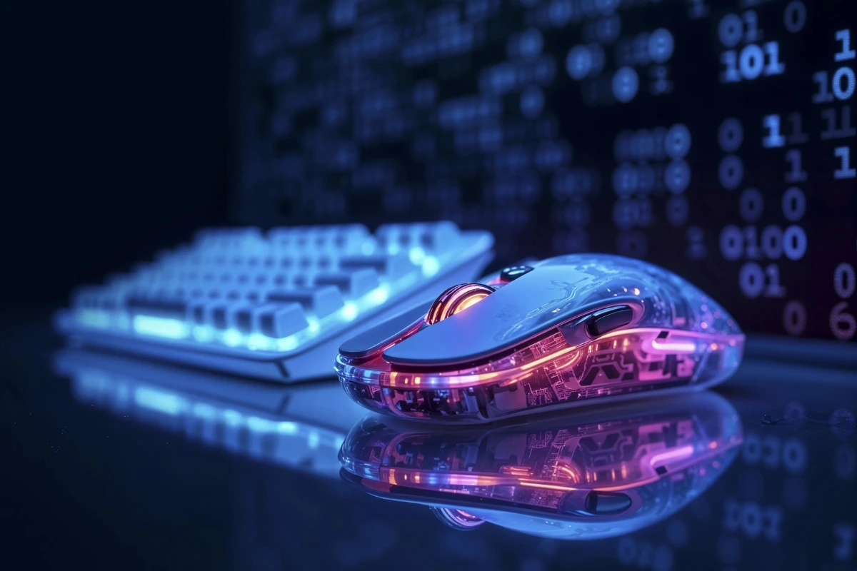 Futuristic LED-lit gaming mouse and keyboard with binary code backdrop