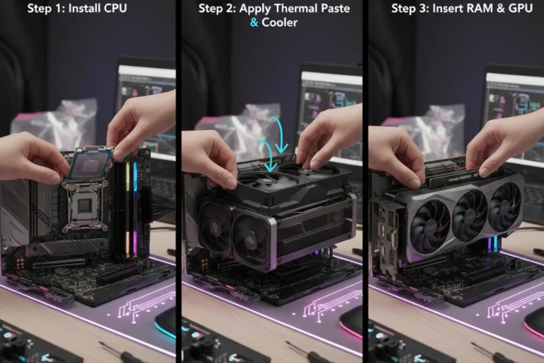 Three-step guide showing CPU, cooler, RAM, and GPU installation on a motherboard