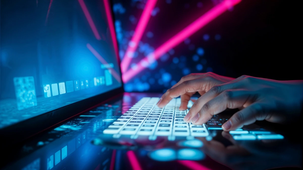 Hands typing on illuminated keyboard with futuristic digital interface Purpose: Clear and concise for accessibility tools and search engines.