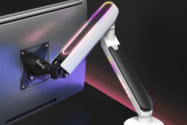 RGB-lit monitor arm mount with sleek design and VESA connection