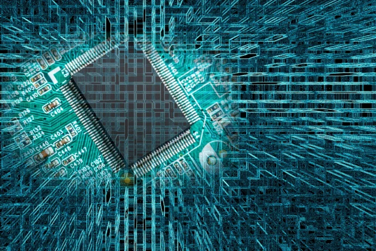 Microchip on circuit board with digital grid overlay