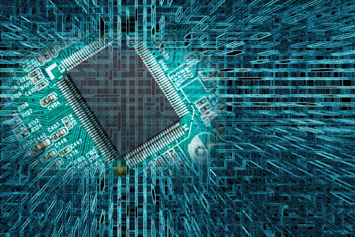 Microchip on circuit board with digital grid overlay