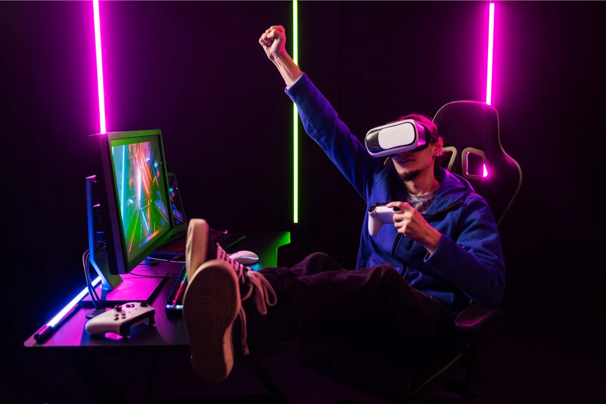 VR gamer raising arm in immersive neon-lit setup