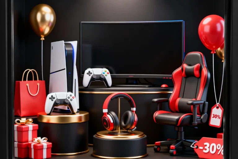 Holiday-themed gaming setup with console, monitor, chair, and accessories