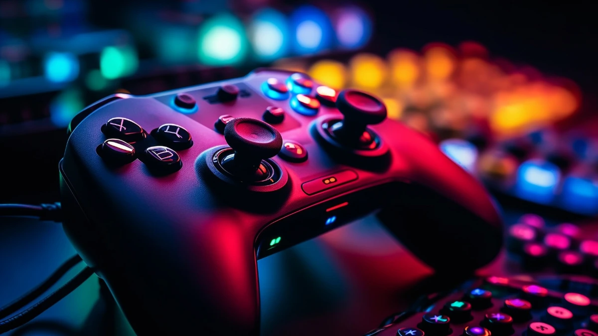 LED-lit gaming controller with colorful reflections in a cyber-themed setup Purpose: Clear and concise for accessibility and search engines.