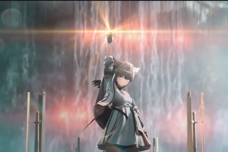 Anime-style character with cat ears raising a glowing hand in front of a waterfall.