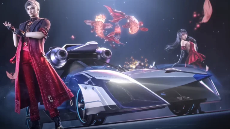 "A futuristic sports car with glowing accents, accompanied by two stylized characters in red outfits and three floating lantern-like koi fish in a dark, mystical setting."