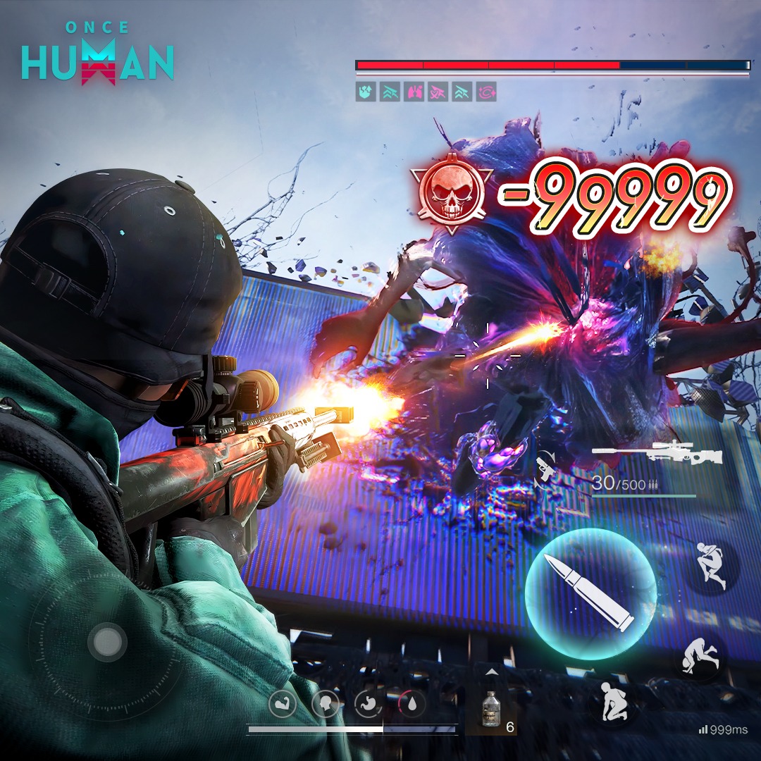 Promotional poster for the video game Once Human, showing futuristic armored characters, magical creatures, and post-apocalyptic landscapes.