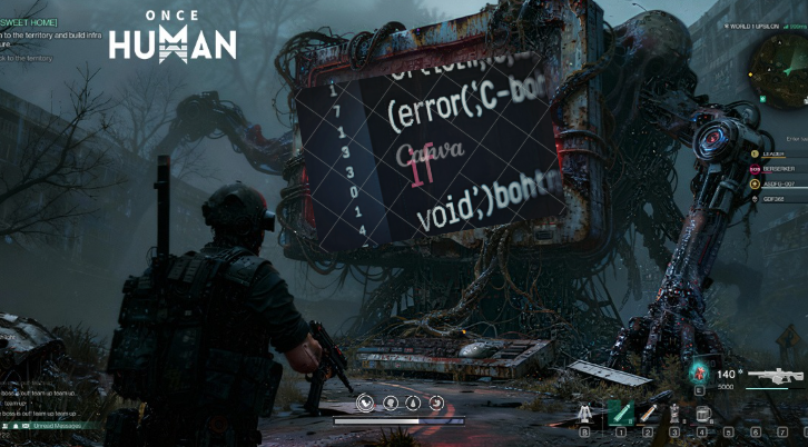 A tactical character stands in a ruined, overgrown city facing a corrupted mechanical-organic structure with a broken screen showing error code fragments.