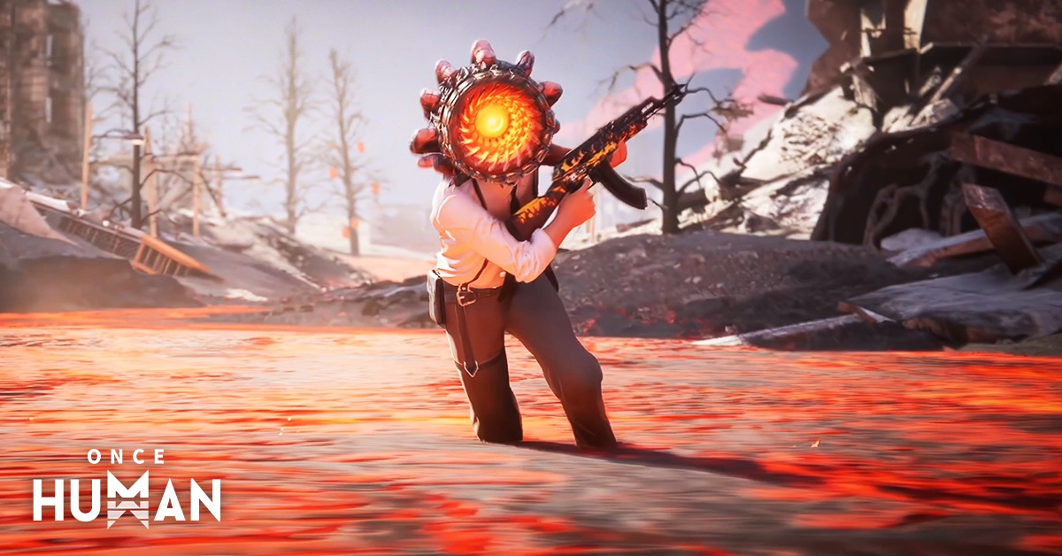 Humanoid figure with glowing spiked head standing in molten lava, holding a rifle, in a post-apocalyptic landscape with destroyed buildings and barren trees. Text "Once Human" visible.