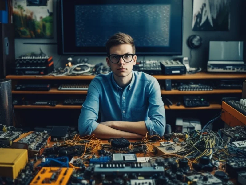 Engineer at electronics workstation surrounded by circuit boards and audio equipment