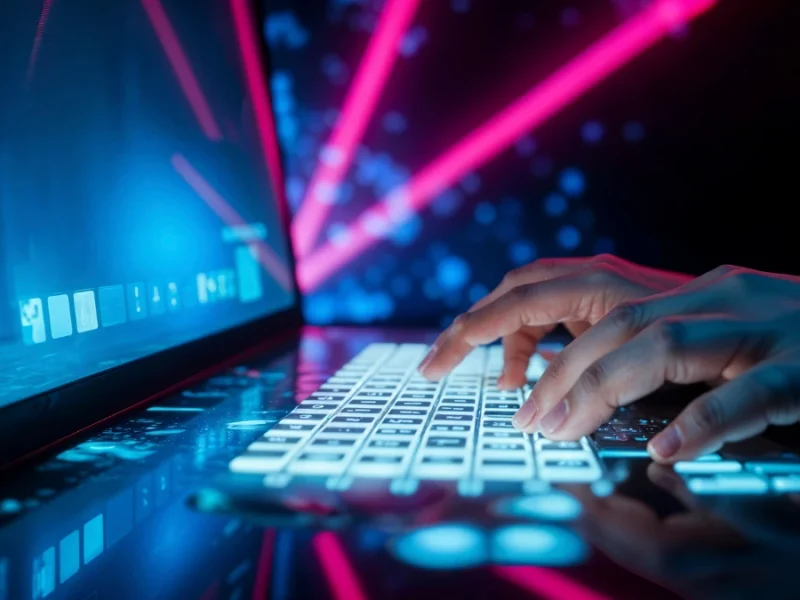Hands typing on illuminated keyboard with futuristic digital interface Purpose: Clear and concise for accessibility tools and search engines.
