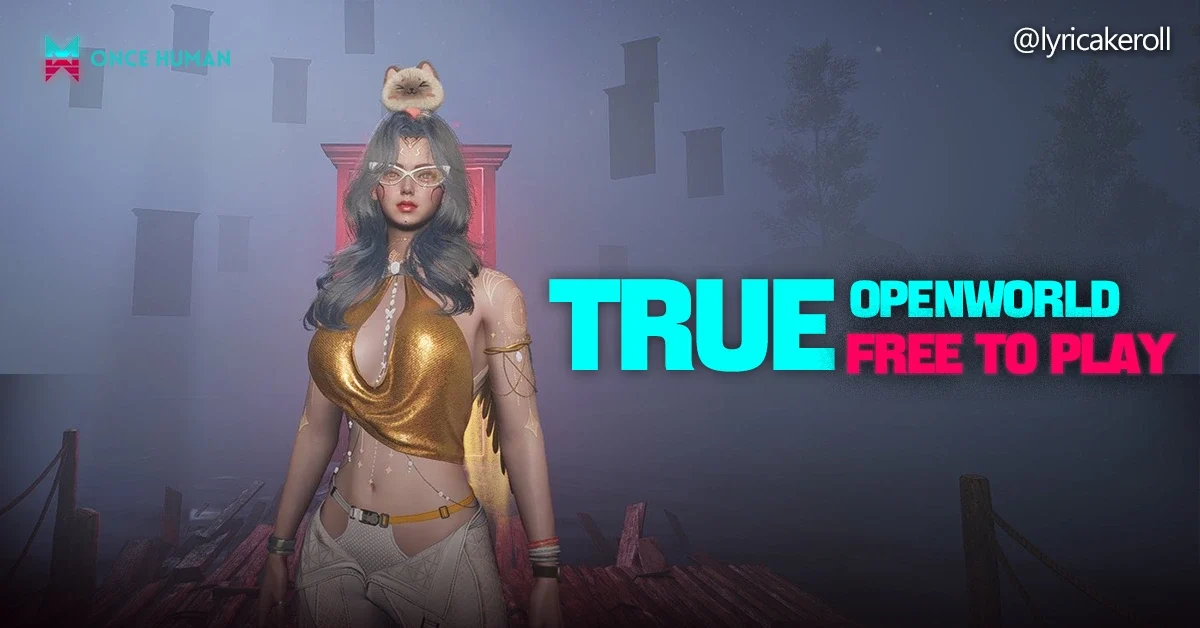 Stylized female character with long blue-gray hair, glasses, gold top, and white patterned pants. A small animal sits on her head. Background shows foggy environment with floating structures and a wooden dock. Text "Once Human – True Openworld Free to Play" visible.