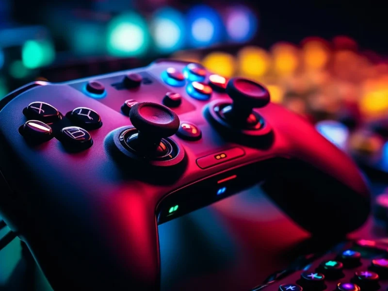 LED-lit gaming controller with colorful reflections in a cyber-themed setup Purpose: Clear and concise for accessibility and search engines.